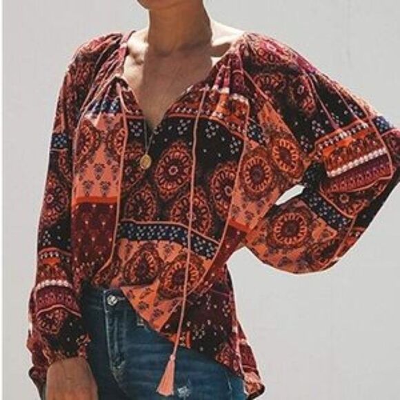 Boho Floral Print Balloon Sleeve Blouse - Picture 1 of 5